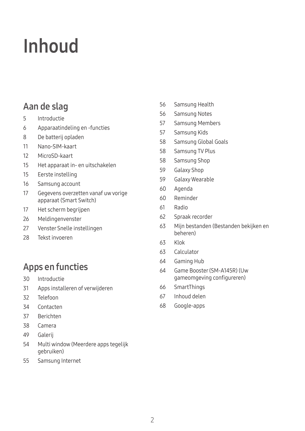 InhoudAan de slag5Introductie6Apparaatindeling en -functies8De batterij opladen11Nano-SIM-kaart12MicroSD-kaart15Het apparaat in-
