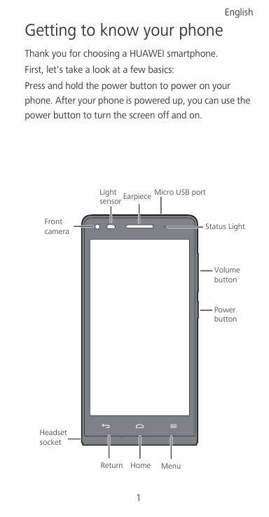 EnglishGetting to know your phoneThank you for choosing a HUAWEI smartphone.First, let's take a look at a few basics:Press and h