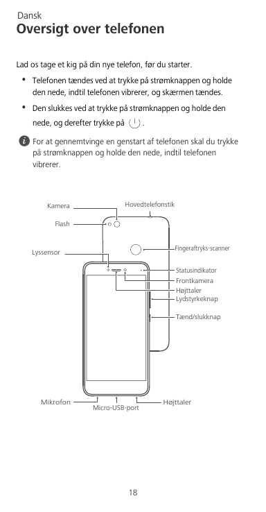 DanskOversigt over telefonenLad os tage et kig på din nye telefon, før du starter.•Telefonen tændes ved at trykke på strømknappe
