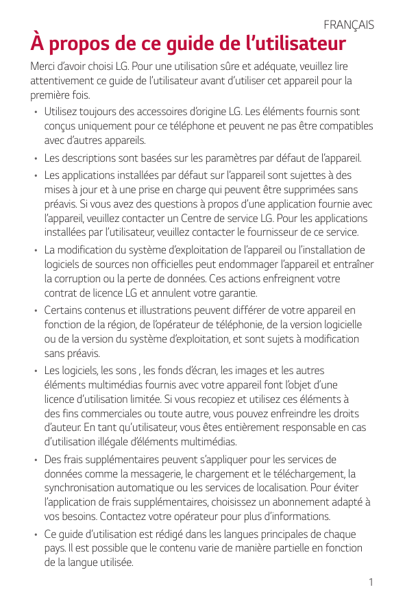 FRANÇAISÀ propos de ce guide de l’utilisateurMerci d’avoir choisi LG. Pour une utilisation sûre et adéquate, veuillez lireattent