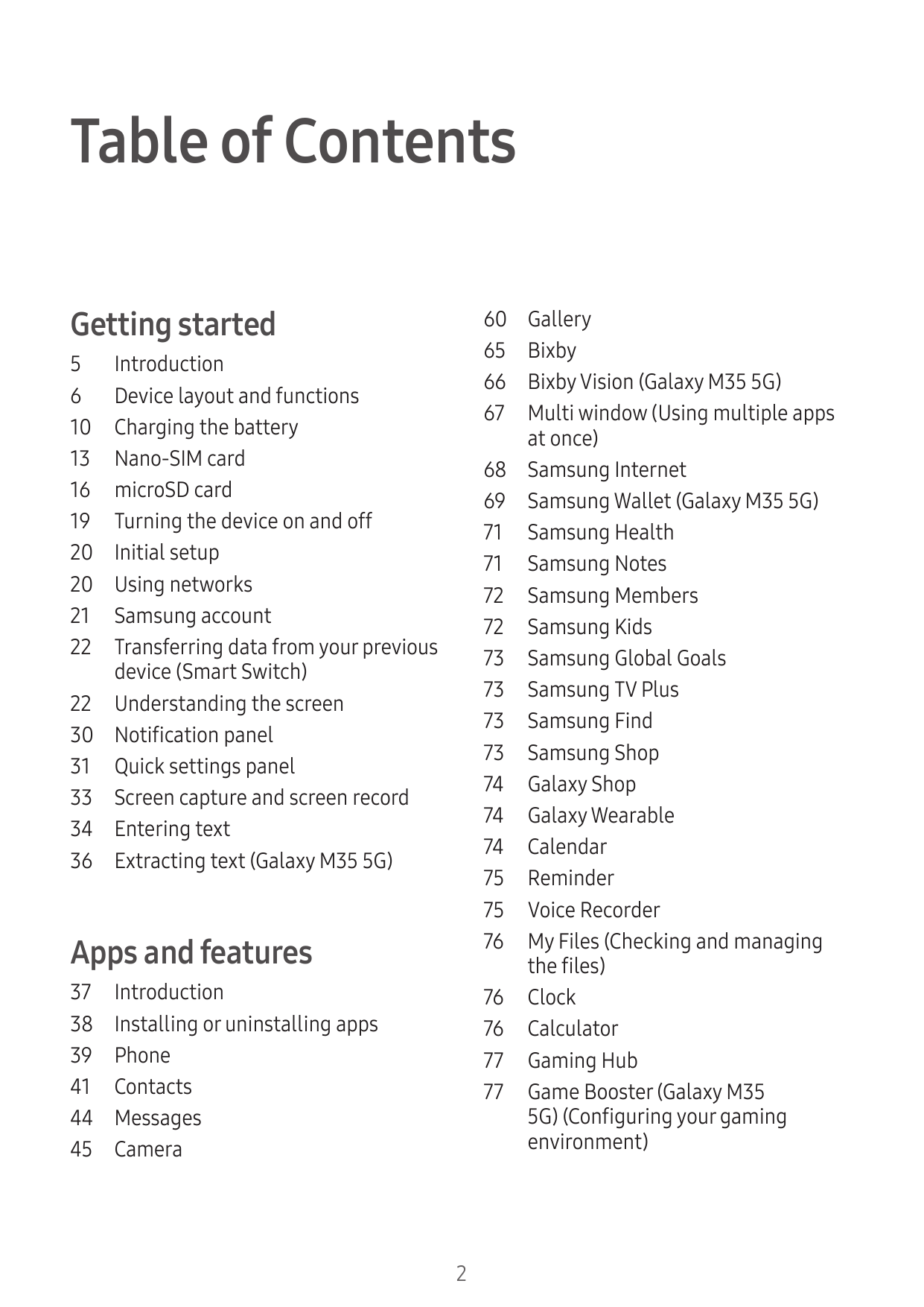 Table of ContentsGetting started56101316192020212222303133343660656667GalleryBixbyBixby Vision (Galaxy M35 5G)Multi window (Usin