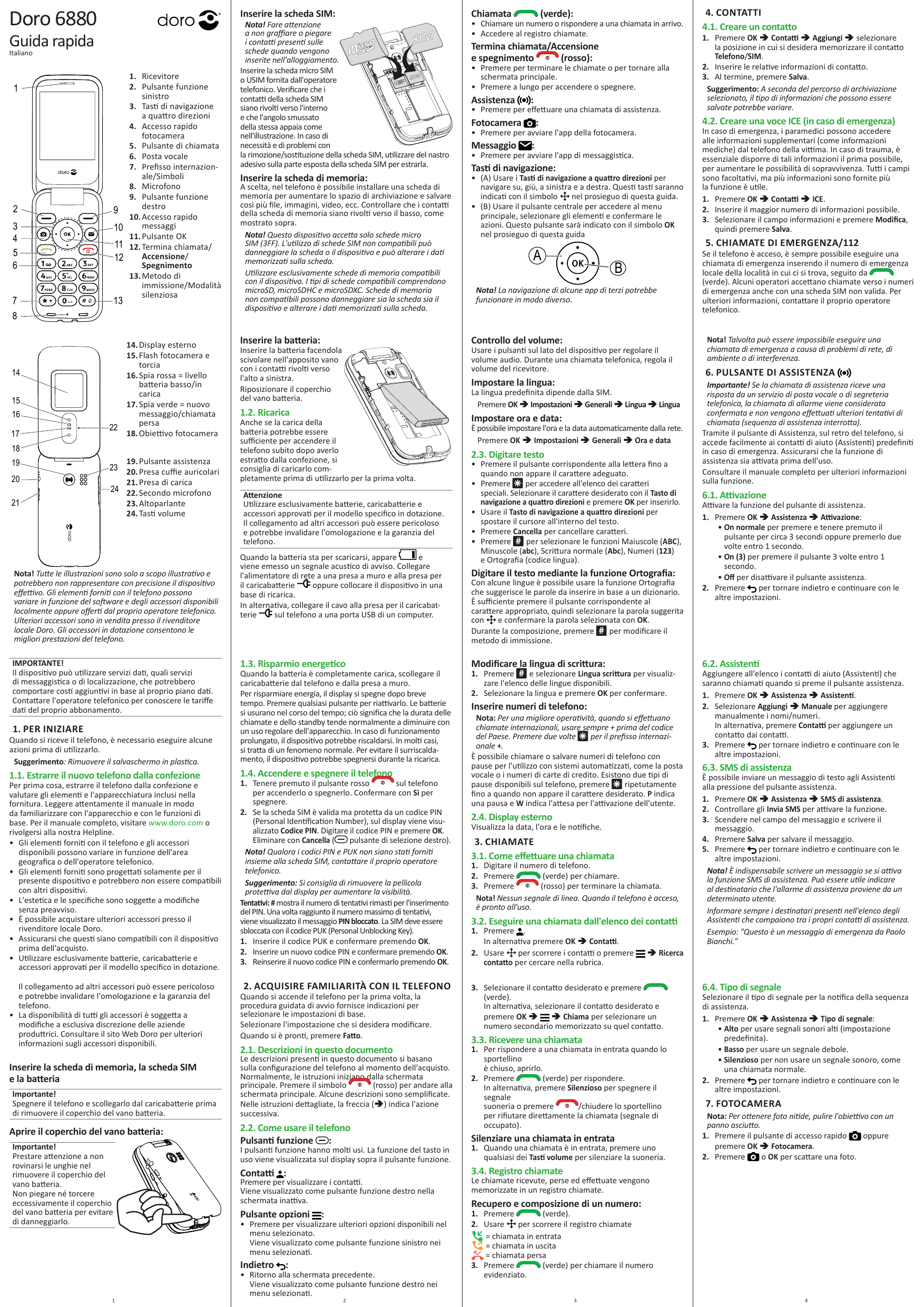 9Doro 6880Inserire la scheda SIM:GuidarapidaItaliano1. Ricevitore2. Pulsante funzionesinistro14 Tasti di navigazione3.a quattro 