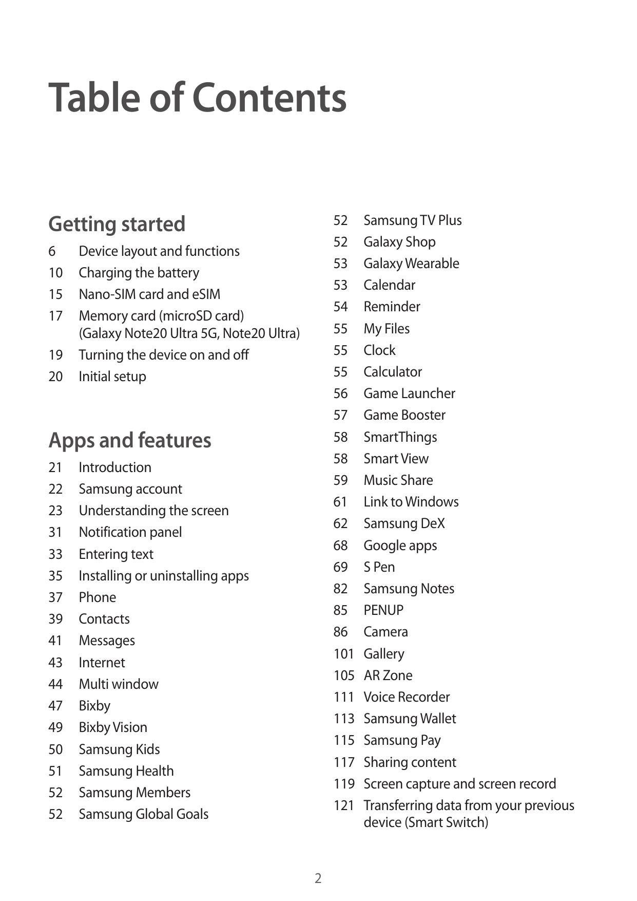 Table of ContentsGetting started52 Samsung TV Plus52 Galaxy Shop53 Galaxy Wearable53Calendar54Reminder55 My Files55Clock55Calcul