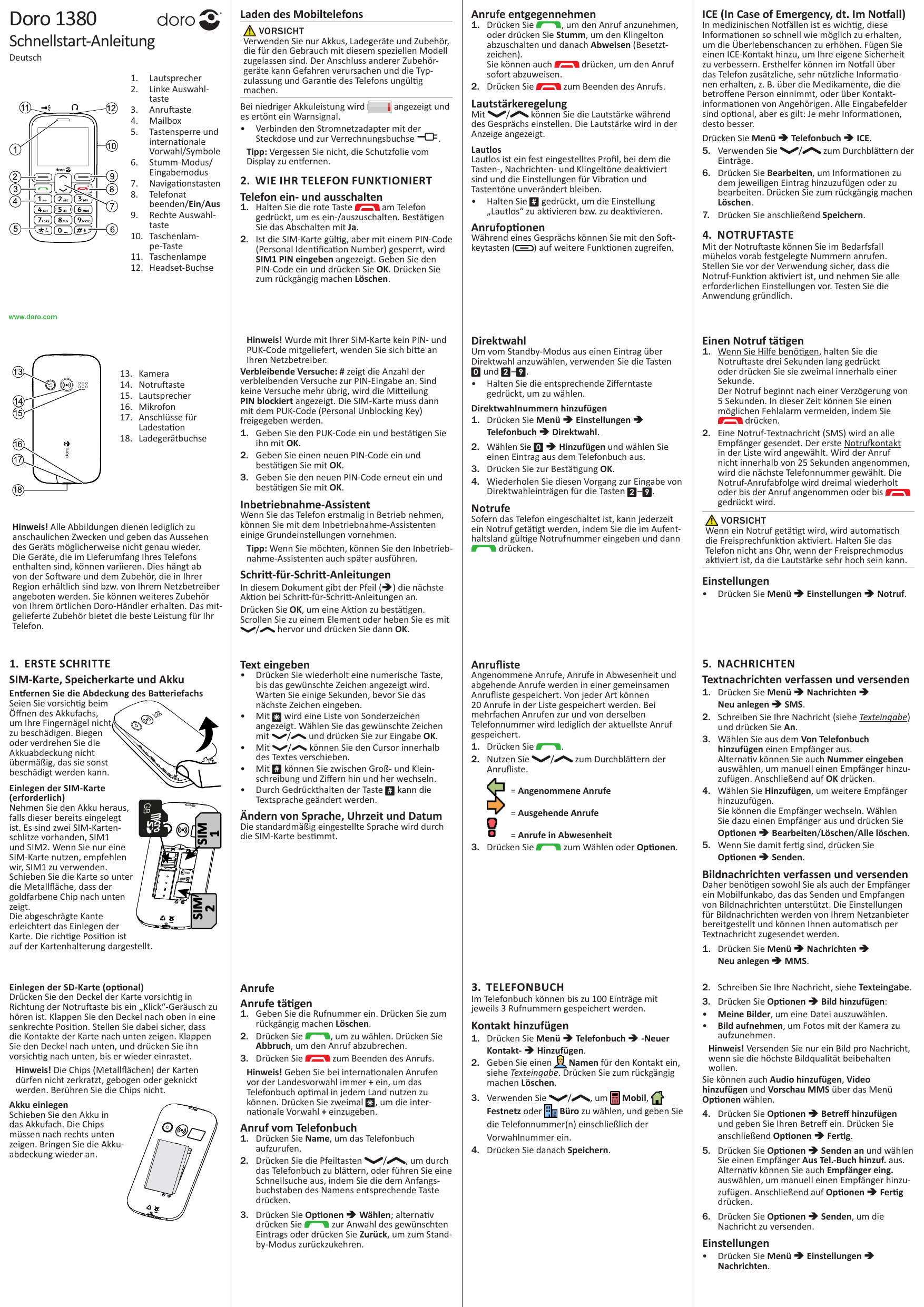 Doro 1380Laden des MobiltelefonsSchnellstart-AnleitungDeutsch1. Lautsprecher2. Linke Auswahltaste3. Anruftaste4. Mailbox5. Taste