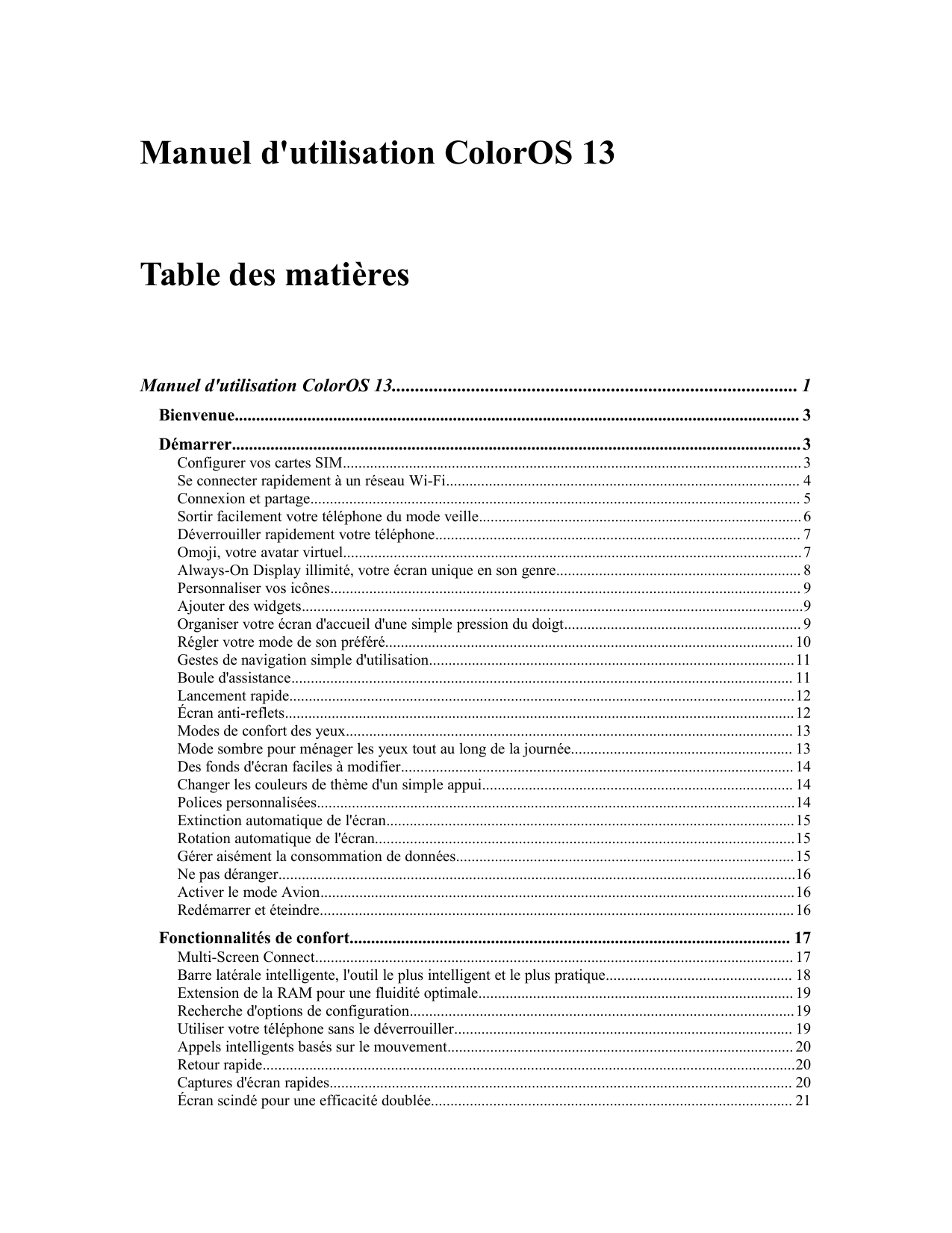 Manuel d'utilisation ColorOS 13Table des matièresManuel d'utilisation ColorOS 13................................................
