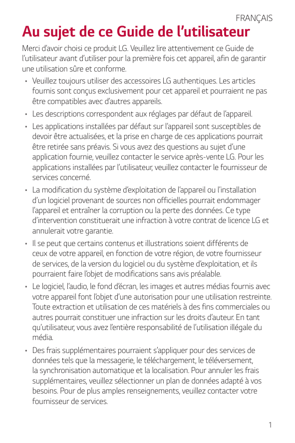 FRANÇAISAu sujet de ce Guide de l’utilisateurMerci d’avoir choisi ce produit LG. Veuillez lire attentivement ce Guide del’utilis