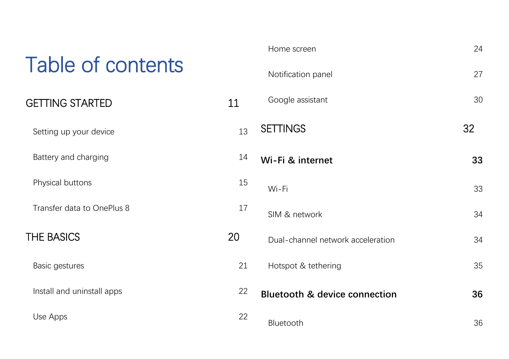 Table of contentsGETTING STARTED11Home screen24Notification panel27Google assistant30Setting up your device13SETTINGSBattery and