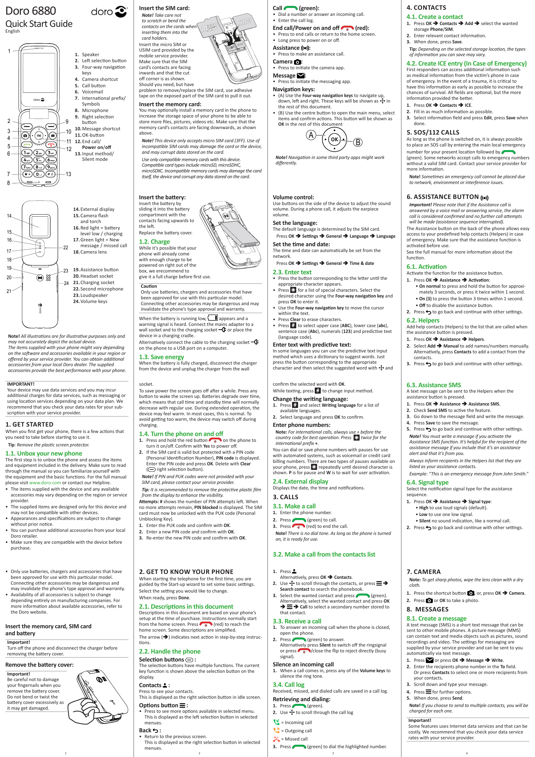 9Doro 6880Insert the SIM card:Quick Start GuideEnglish11. Speaker14 Left selection button2.3. Four-way navigationkeys15 Camera s