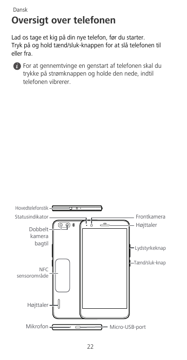 DanskOversigt over telefonenLad os tage et kig på din nye telefon, før du starter.Tryk på og hold tænd/sluk-knappen for at slå t