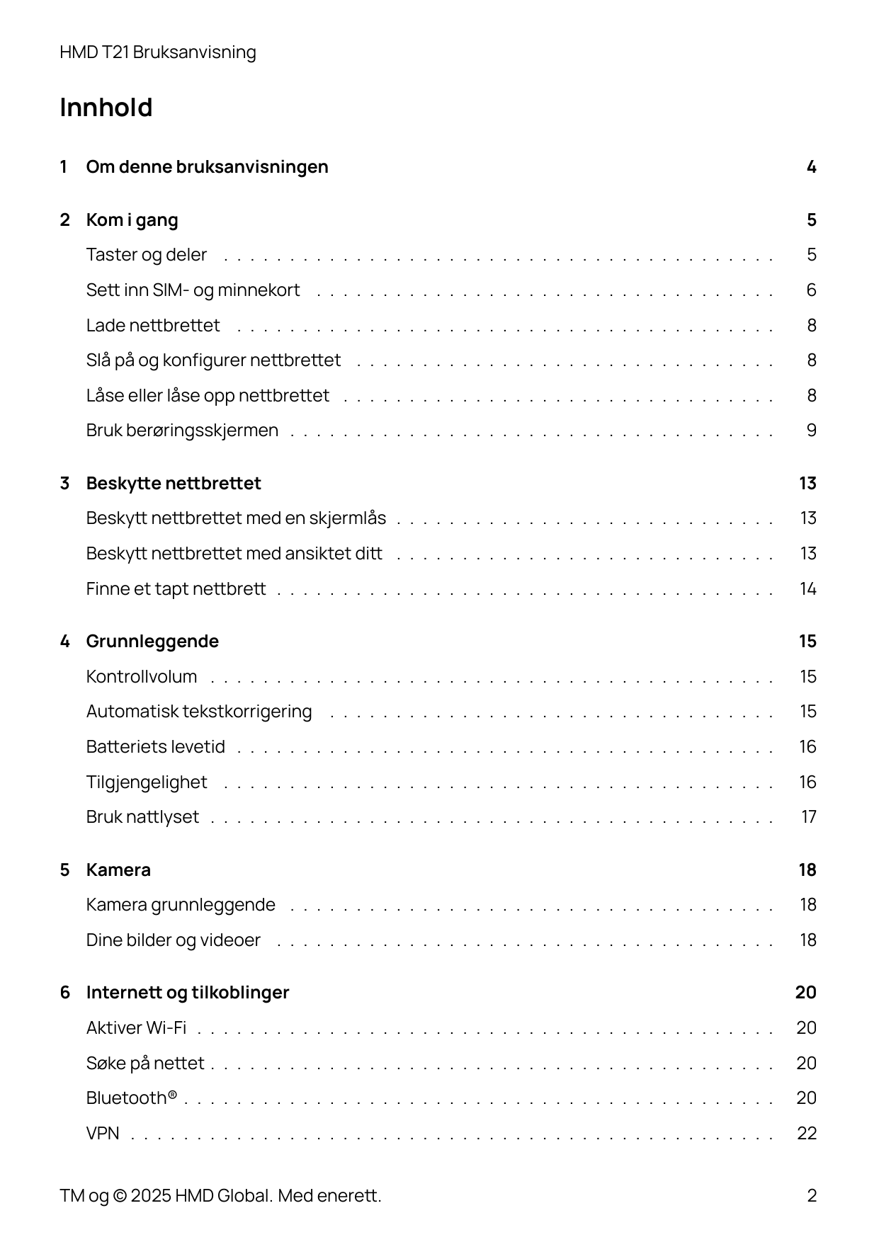 HMD T21 BruksanvisningInnhold1Om denne bruksanvisningen2 Kom i gang45Taster og deler . . . . . . . . . . . . . . . . . . . . . .