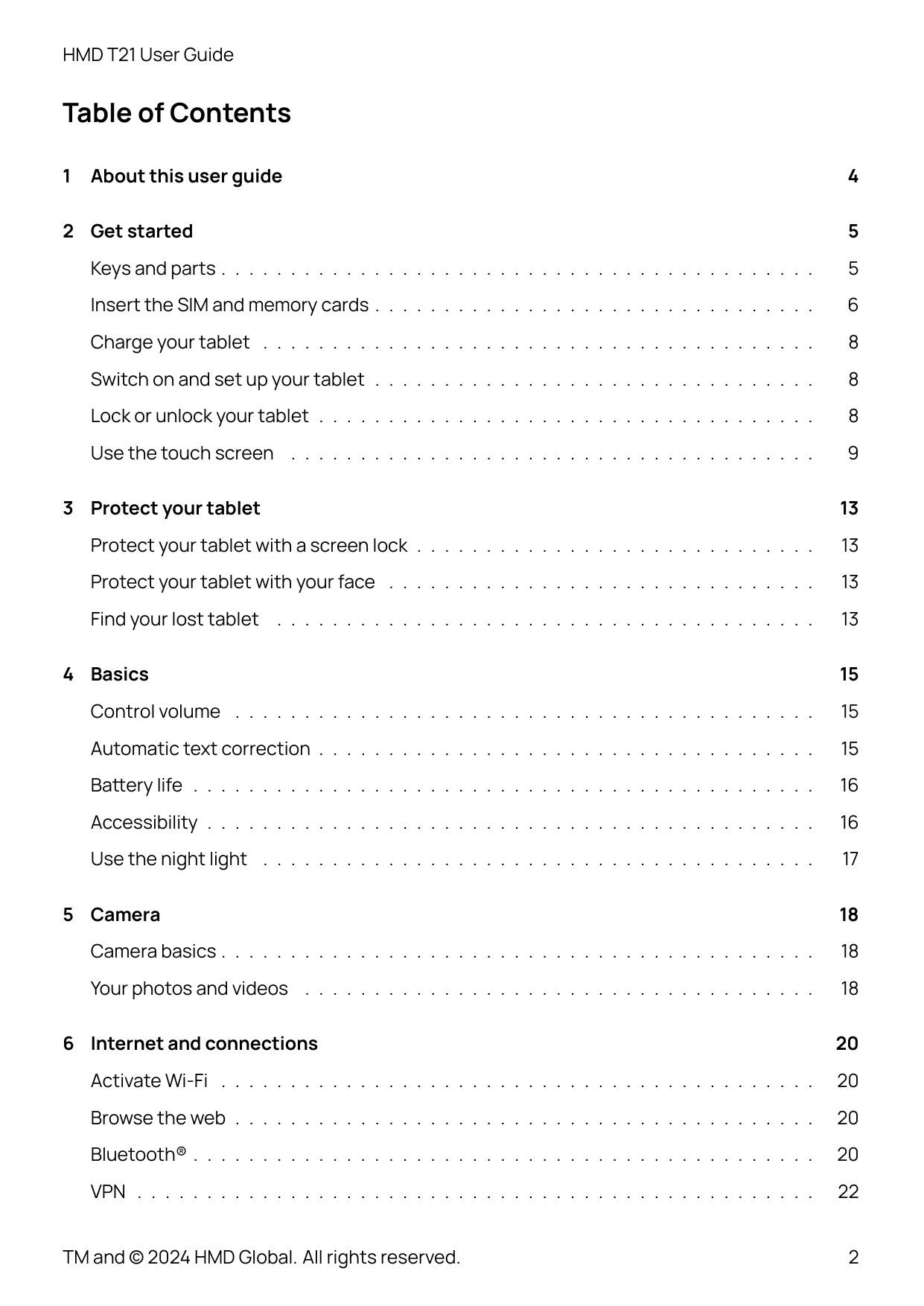 HMD T21 User GuideTable of Contents1About this user guide2 Get started45Keys and parts . . . . . . . . . . . . . . . . . . . . .