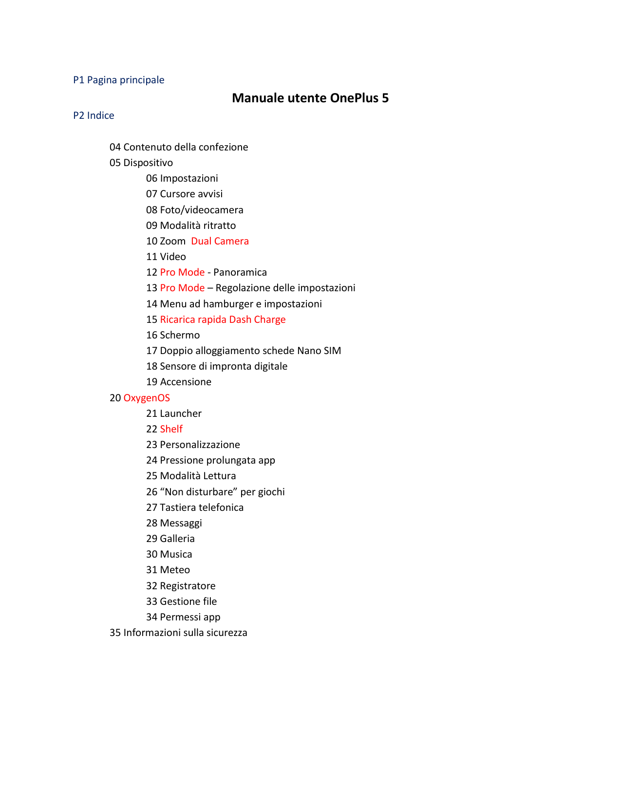 P1 Pagina principaleManuale utente OnePlus 5P2 Indice04 Contenuto della confezione05 Dispositivo06 Impostazioni07 Cursore avvisi