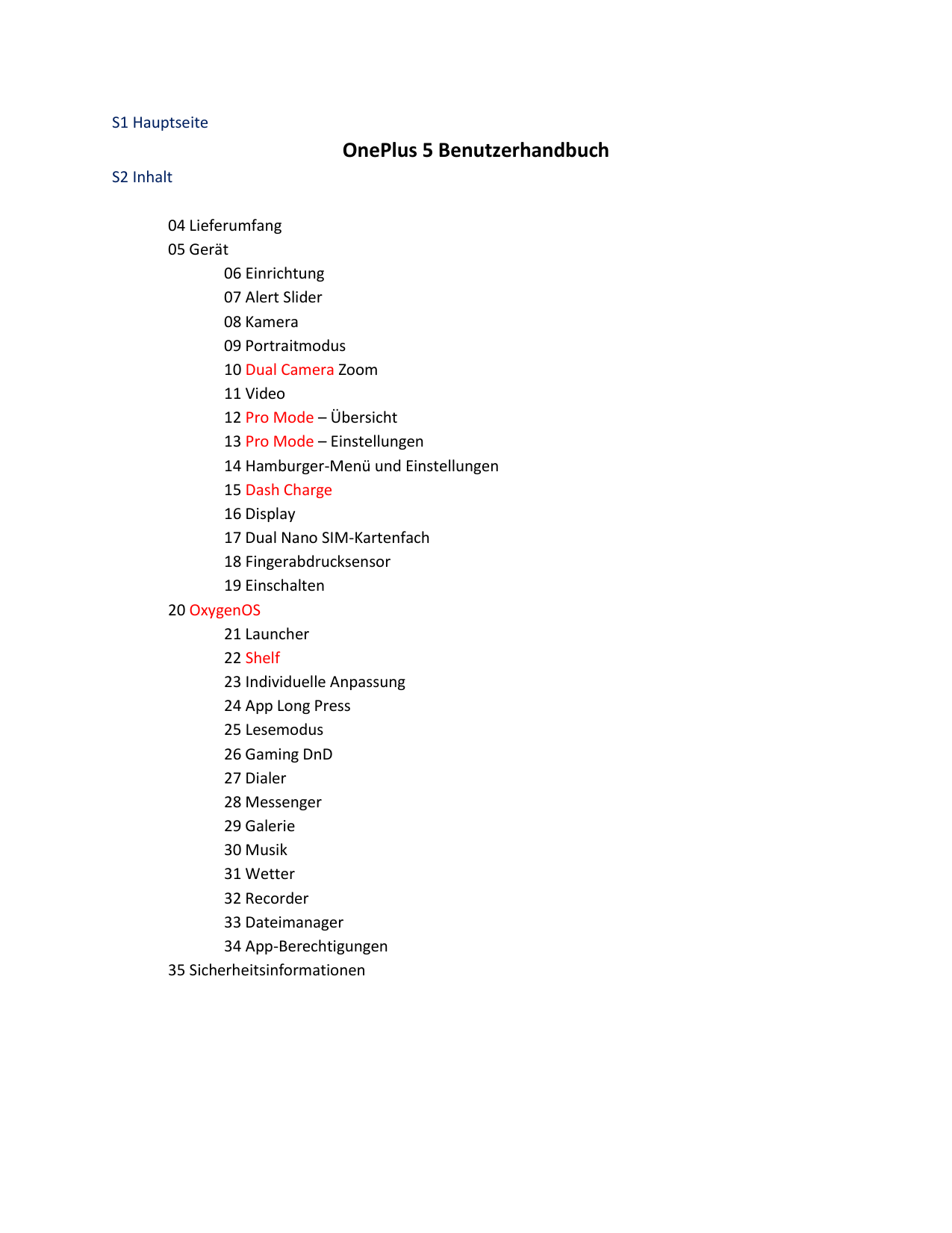 S1 HauptseiteOnePlus 5 BenutzerhandbuchS2 Inhalt04 Lieferumfang05 Gerät06 Einrichtung07 Alert Slider08 Kamera09 Portraitmodus10 