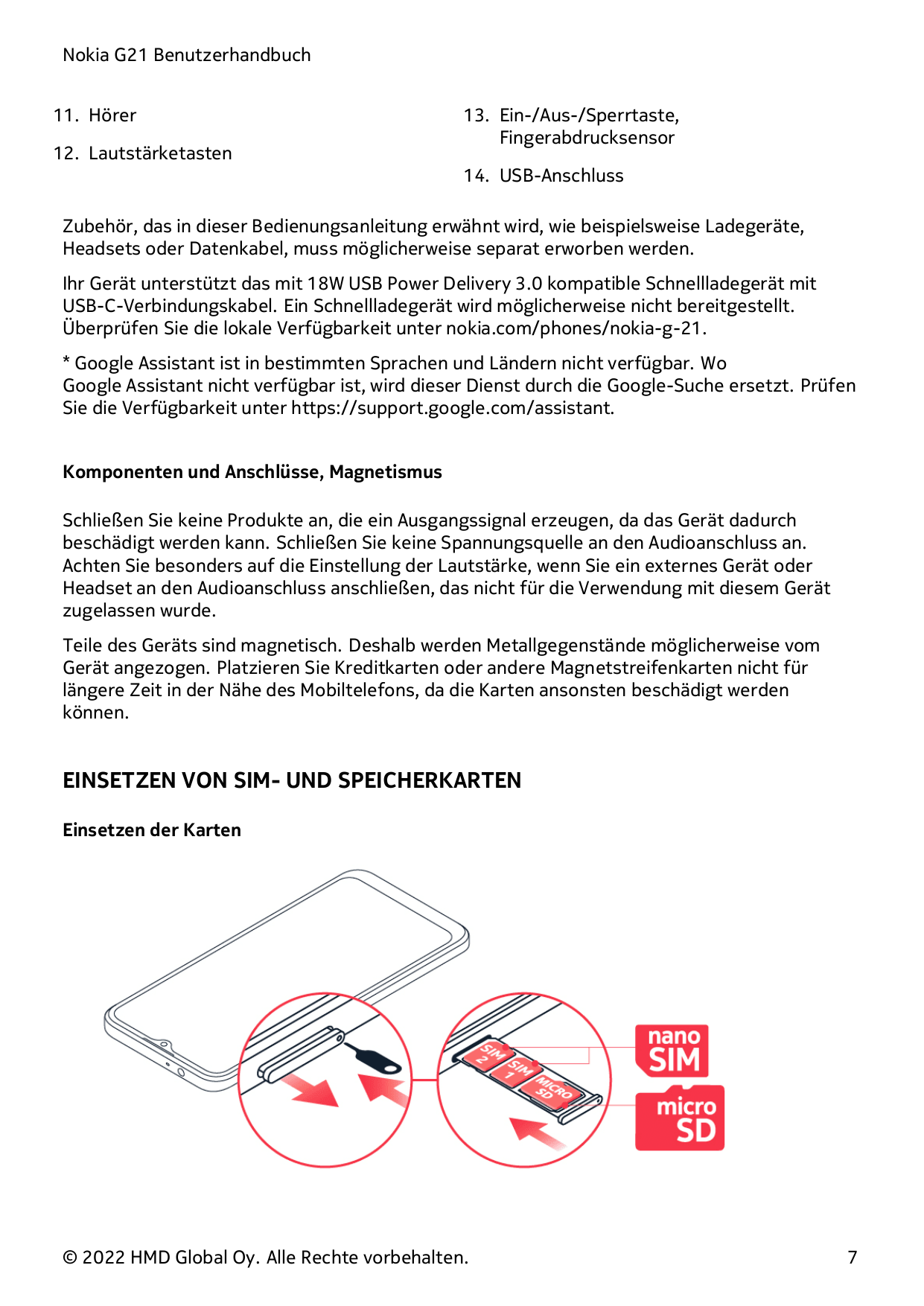 Nokia G21 Benutzerhandbuch11. Hörer12. Lautstärketasten13. Ein-/Aus-/Sperrtaste,Fingerabdrucksensor14. USB-AnschlussZubehör, das