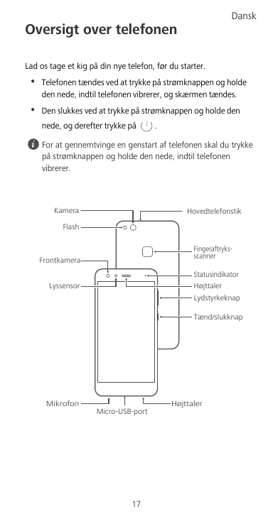DanskOversigt over telefonenLad os tage et kig på din nye telefon, før du starter.•Telefonen tændes ved at trykke på strømknappe