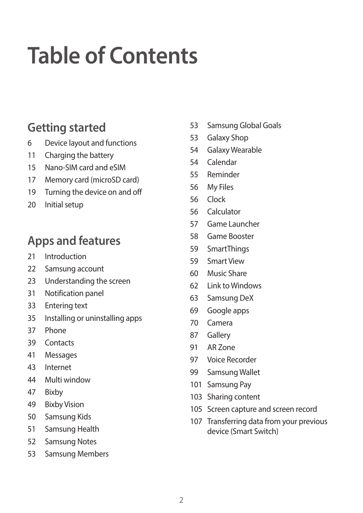 Table of ContentsGetting started6111517192053 Samsung Global Goals53 Galaxy Shop54 Galaxy Wearable54Calendar55Reminder56 My File