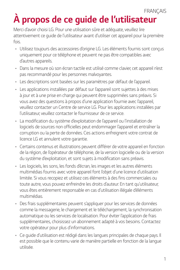 FRANÇAISÀ propos de ce guide de l’utilisateurMerci d’avoir choisi LG. Pour une utilisation sûre et adéquate, veuillez lireattent