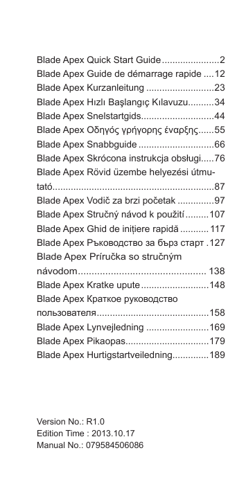 Blade Apex Quick Start Guide.......................2Blade Apex Guide de démarrage rapide.....12Blade Apex Kurzanleitung.........