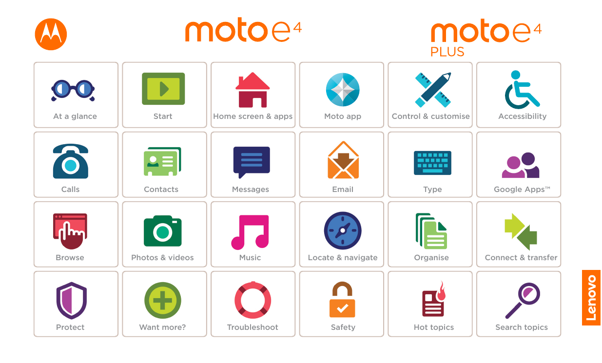 At a glanceStartHome screen & appsMoto appControl & customiseAccessibilityCallsContactsMessagesEmailTypeGoogle Apps™BrowsePhotos
