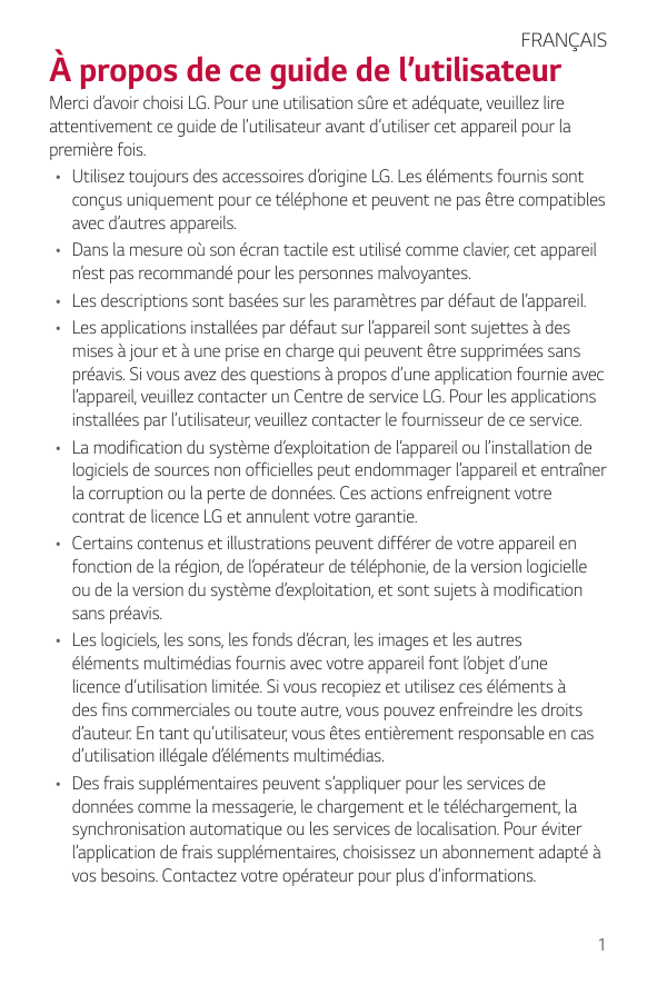 FRANÇAISÀ propos de ce guide de l’utilisateurMerci d’avoir choisi LG. Pour une utilisation sûre et adéquate, veuillez lireattent