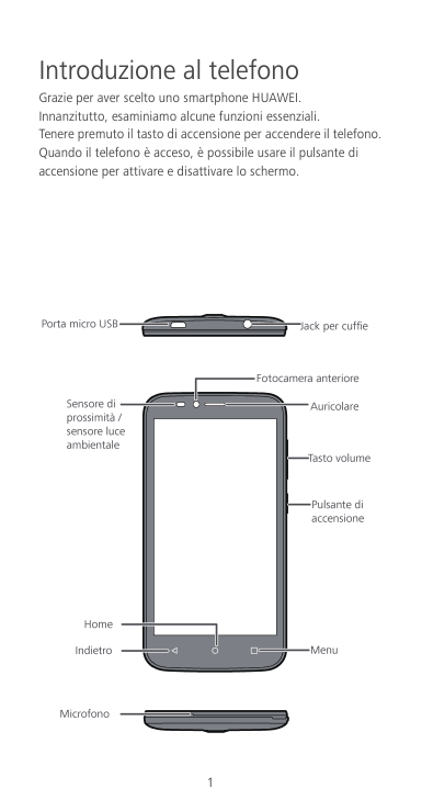 Introduzione al telefonoGrazie per aver scelto uno smartphone HUAWEI.Innanzitutto, esaminiamo alcune funzioni essenziali.Tenere 